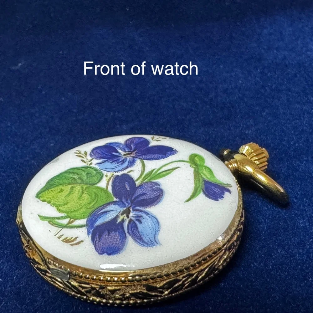Vintage Bucherer Gold Floral Ceramic Quartz Pendant Watch Violet